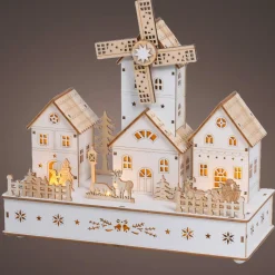 KAEMINGK Village de Noël en bois lumineux musical et animé à piles (H26 cm) Moulin et hameau Naturel New