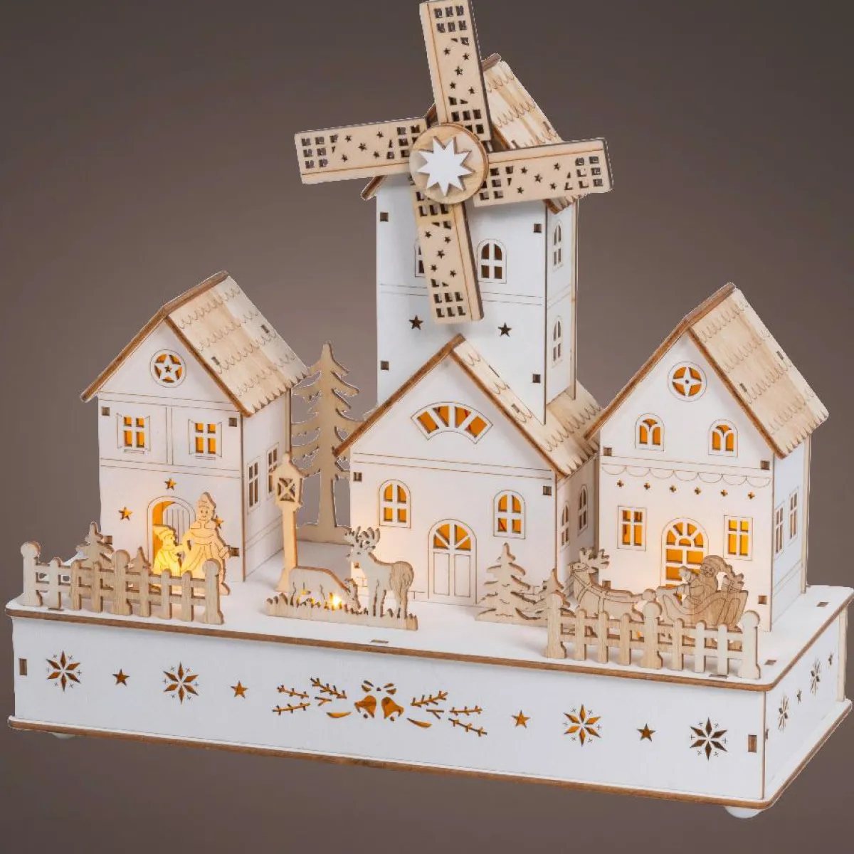 KAEMINGK Village de Noël en bois lumineux musical et animé à piles (H26 cm) Moulin et hameau Naturel New