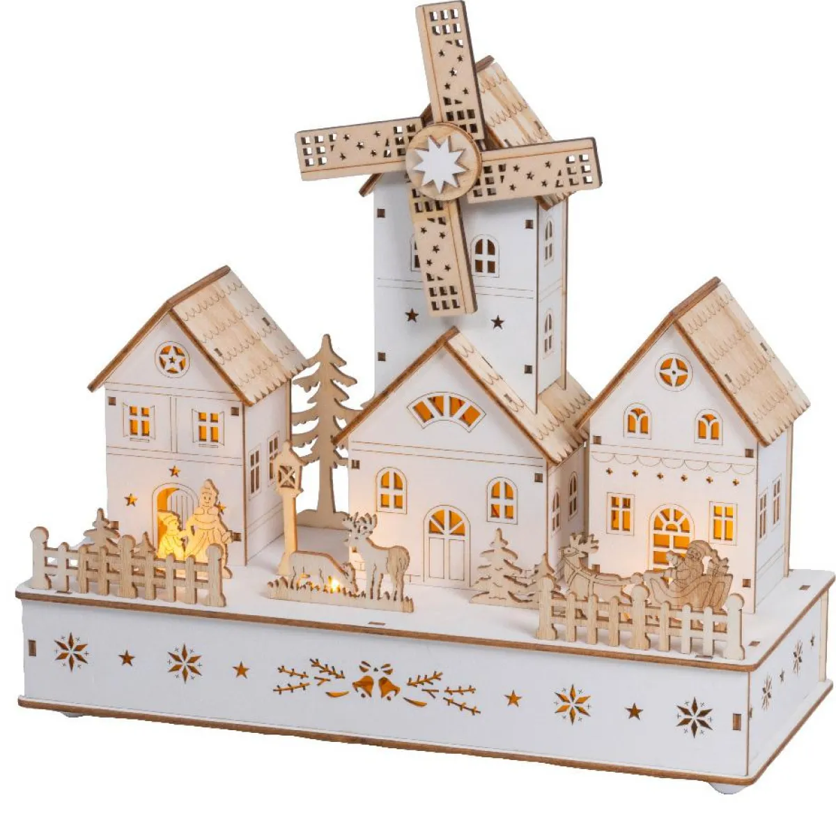 KAEMINGK Village de Noël en bois lumineux musical et animé à piles (H26 cm) Moulin et hameau Naturel New