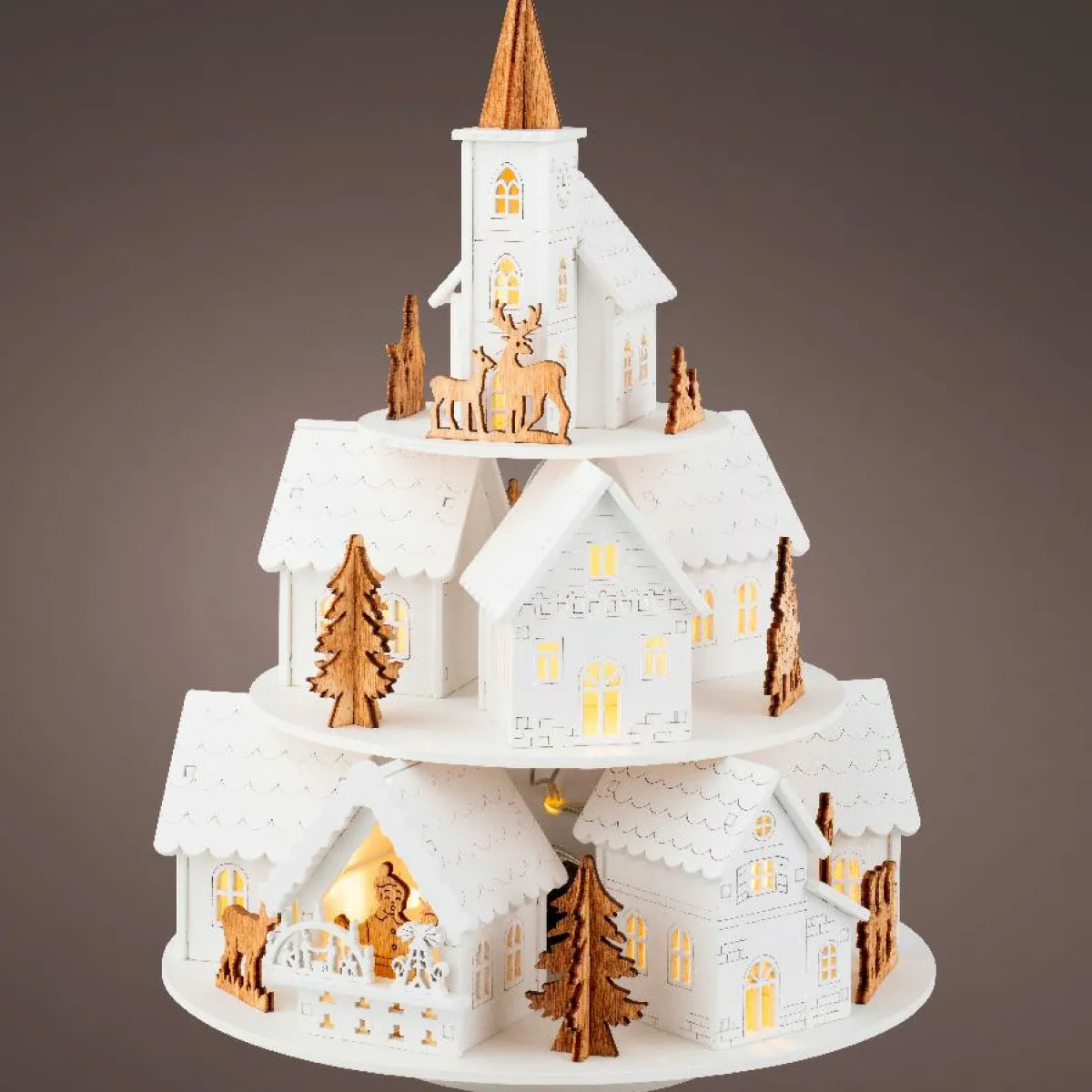 KAEMINGK Village de Noël en bois lumineux et musical à piles (H28 cm) Maisons sur colline