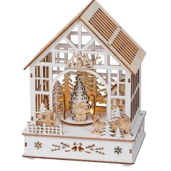 KAEMINGK Village de Noël en bois lumineux, musical et animé à piles (18 x 24 cm) Jardin d’hiver Naturel Sale