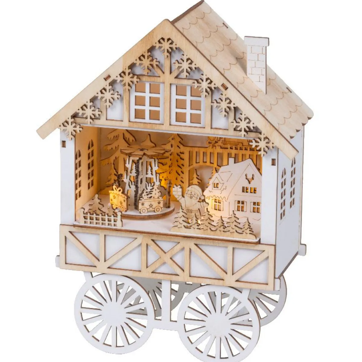 KAEMINGK Village de Noël en bois lumineux musical et animé à piles (H27 cm) Charriot festif Naturel