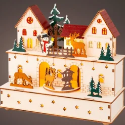 KAEMINGK Village de Noël en bois lumineux et musical à piles (24 x H21 cm) Village et animaux Outlet
