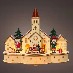 KAEMINGK Village de Noël en bois lumineux et musical à piles (30 x H24 cm) Église et casse-noisette Best