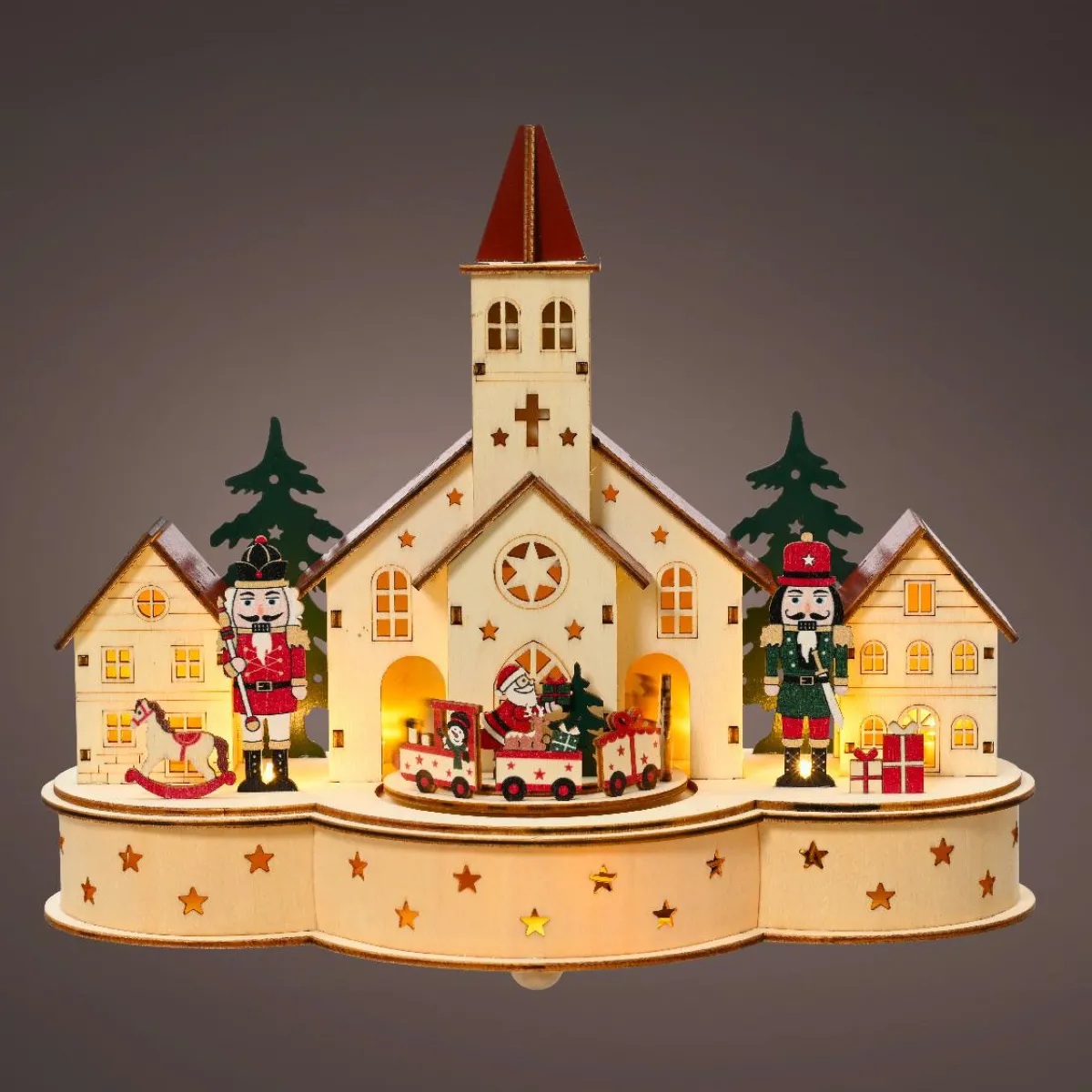 KAEMINGK Village de Noël en bois lumineux et musical à piles (30 x H24 cm) Église et casse-noisette Best