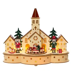 KAEMINGK Village de Noël en bois lumineux et musical à piles (30 x H24 cm) Église et casse-noisette Best