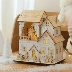 KAEMINGK Village de Noël en bois lumineux animé et musical à piles (H22 cm) Pavillon festif Naturel Best