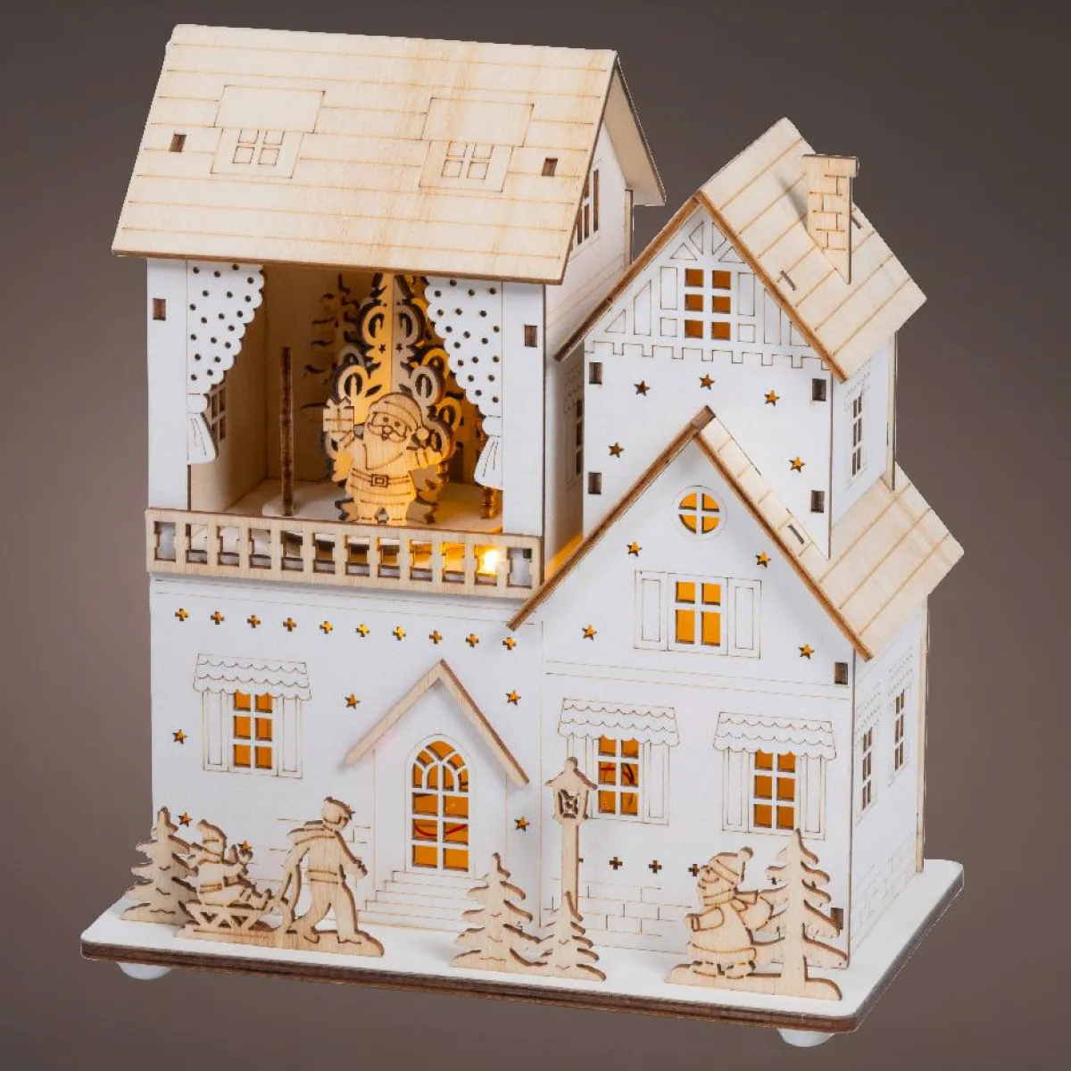 KAEMINGK Village de Noël en bois lumineux animé et musical à piles (H22 cm) Pavillon festif Naturel Best