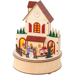 KAEMINGK Village de Noël en bois lumineux et musical à piles (H20 cm) Maison joyeuse Colorée Sale