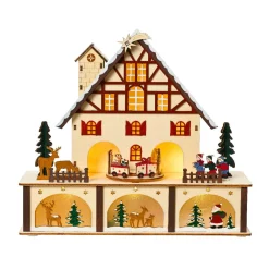 KAEMINGK Village de Noël en bois lumineux et musical à piles (27 x H24 cm) Chalet Suisse Coloré