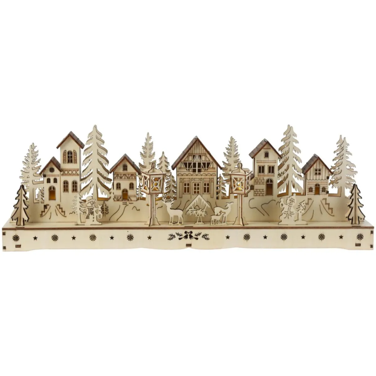 KOOPMAN Village de Noël en bois lumineux à piles (45 x H15 cm) Square enchanté Naturel Discount