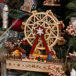 KAEMINGK Village de Noël en bois lumineux et musical à piles (28 x H28 cm) Grande roue Colorée New