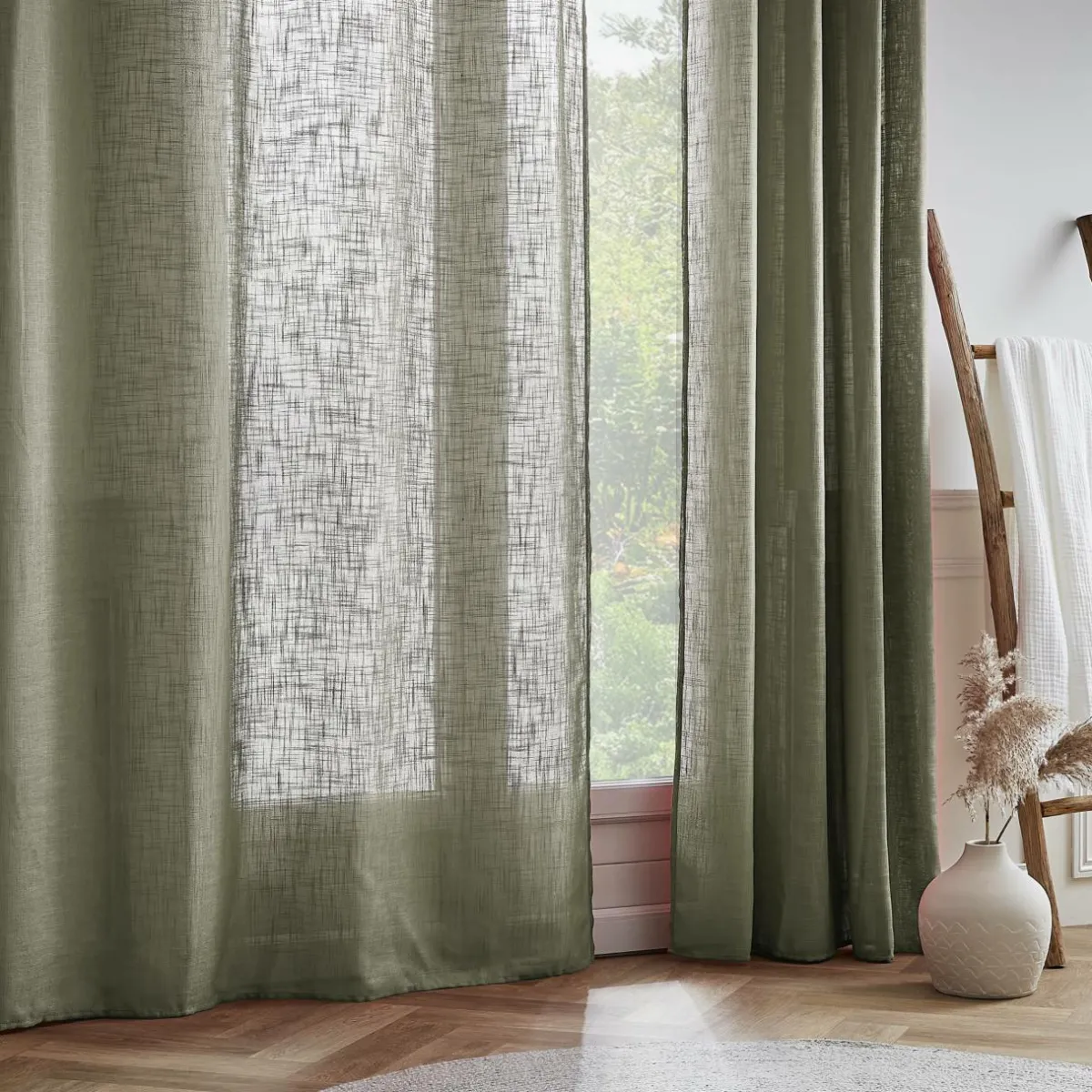 EMINZA Voilage grande largeur effet lin(400 x 240 cm) Robin Vert romarin Discount