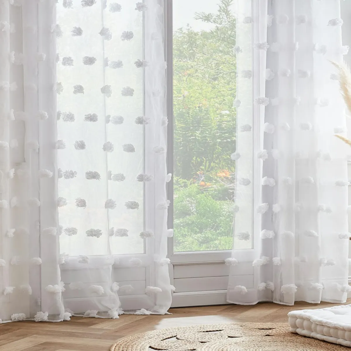 EMINZA Voilage oeillets pompons (140 x 240 cm) Suzie Blanc New
