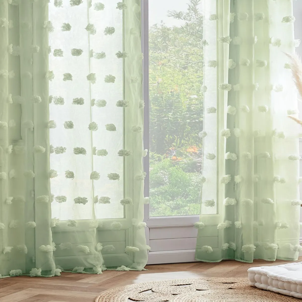 EMINZA Voilage oeillets pompons (140 x 280 cm) Suzie Vert d'eau Vert d'eau Hot